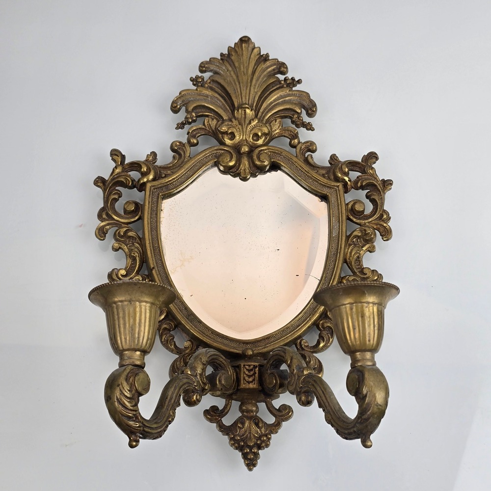 Vintage Brass Rococo Shield Mirror Wall Sconce Ornate Hollywood Regency Gilt